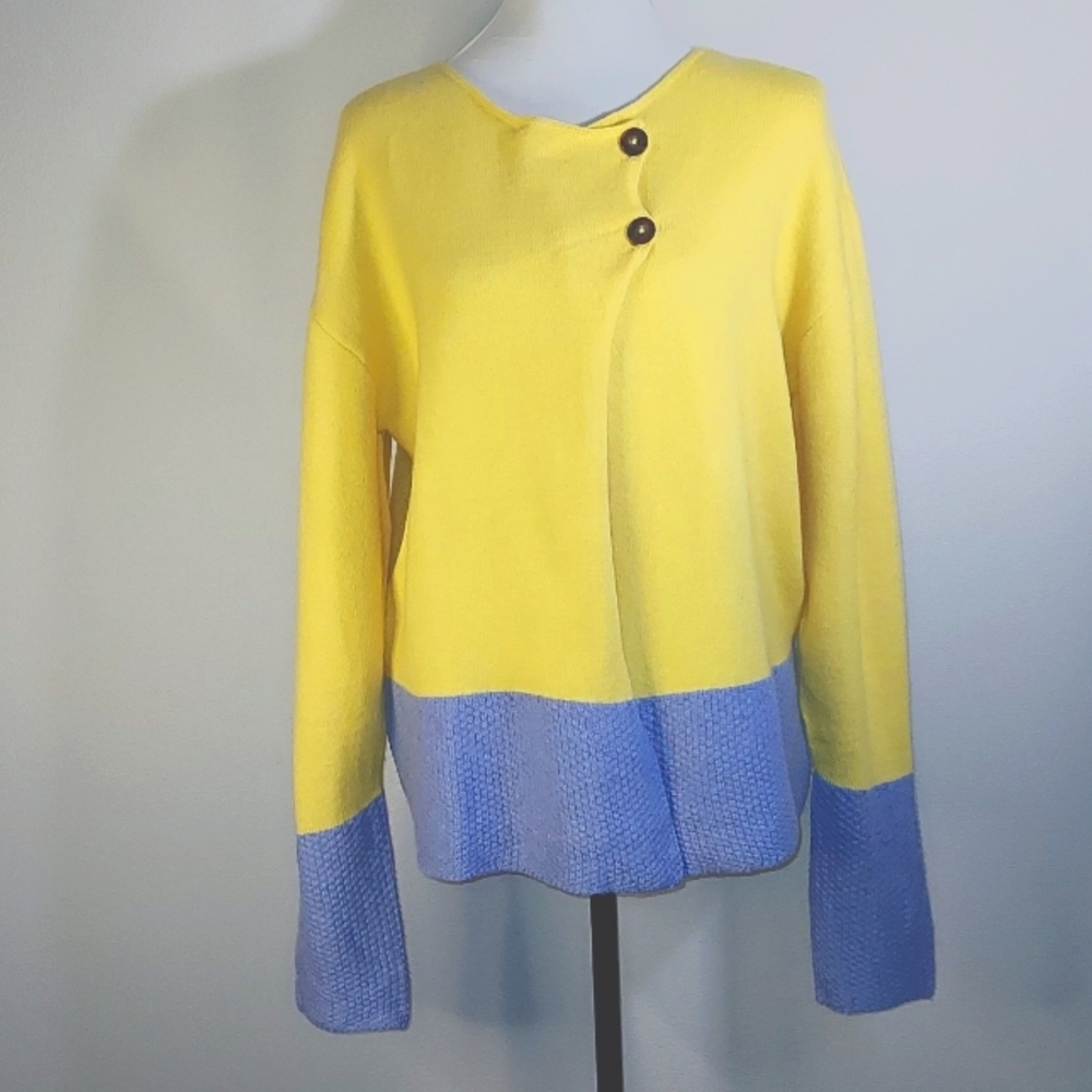 Made With Love Yellow Blue Button Wrap Cozy Knit Cardigan Sweater Size X…